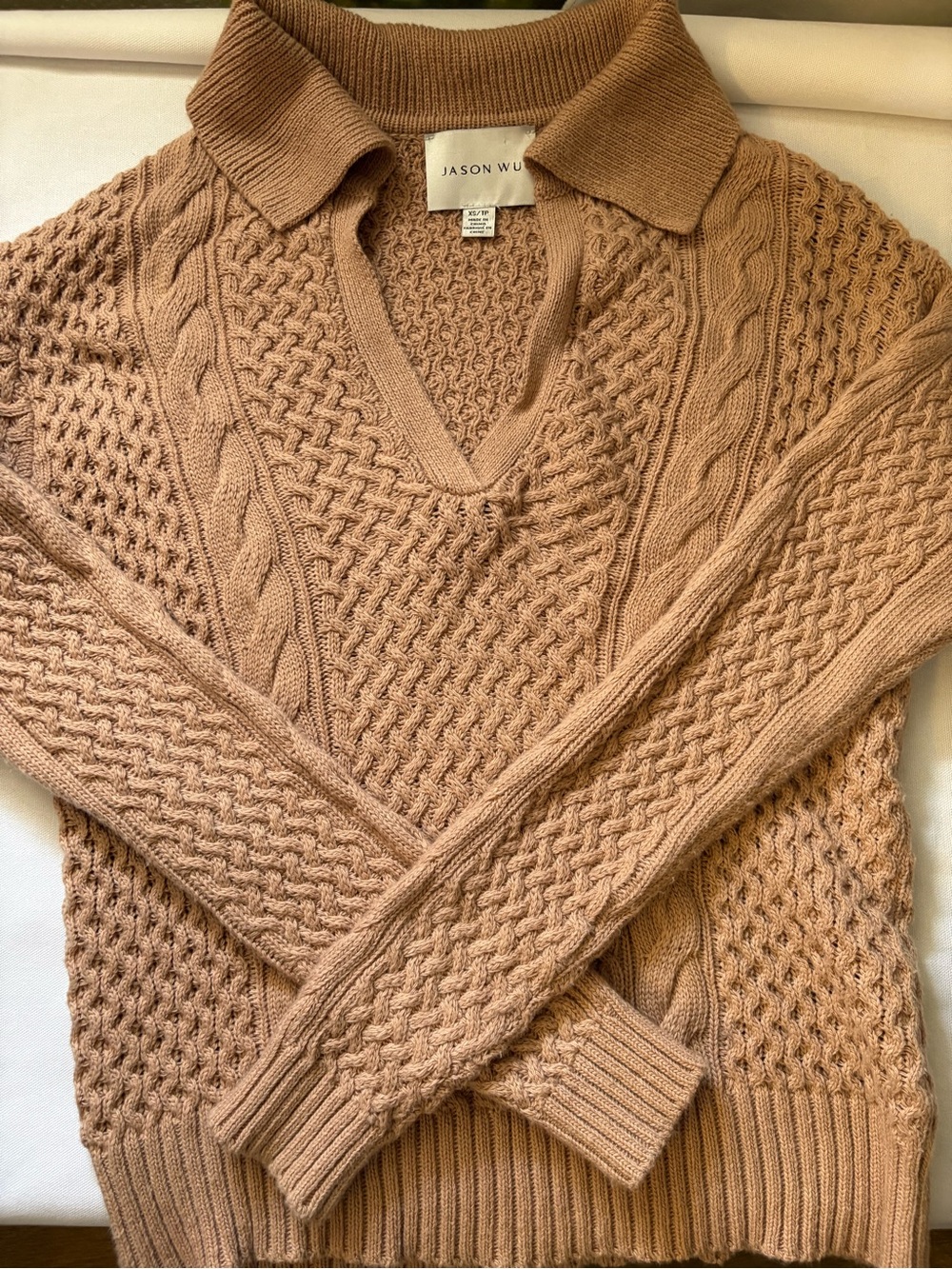 Jason Wu Camel/Tan Cable-Knit V-Neck Polo Collar Sweater - Size XS